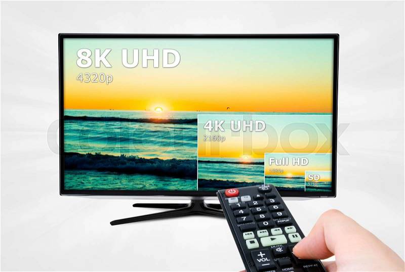 TV ultra HD. 8K 4320p television resolution technology, stock photo