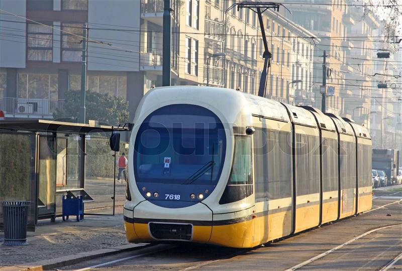 Modern tram in Milan, Italy, stock photo