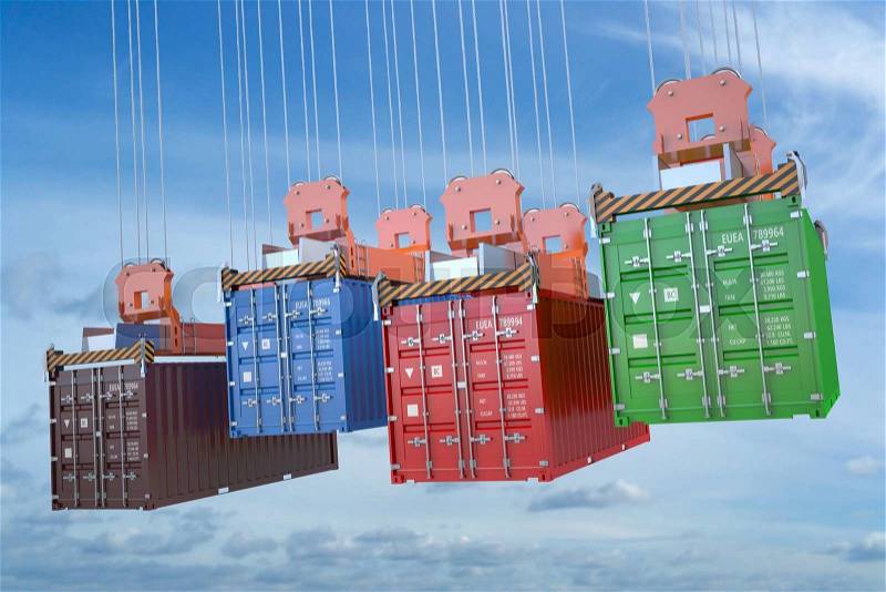 Cargo delivery concept, containers with crane hook, stock photo