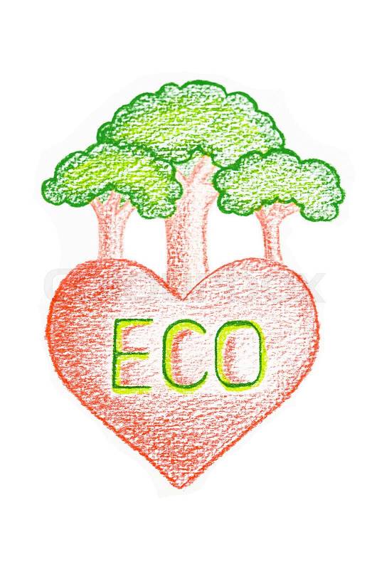 Eco heart drawing in color pencil on white background. Eco concept, stock photo