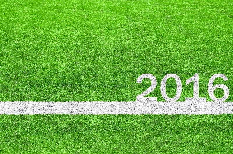 2016 white stripe on the green soccer field, stock photo