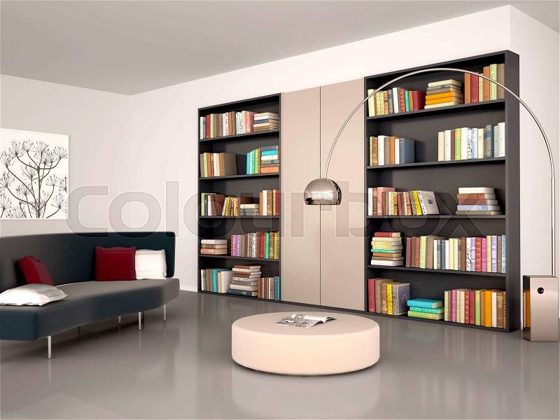 3d illustration of Modern reading room. The wall of the bookcase and books, stock photo