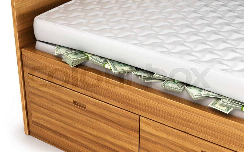 Money, dollars hidden under a white mattress. Economy concept, saving, stock photo