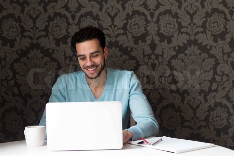 Young man using a laptop at home. He is looking at the screen and smiling, stock photo
