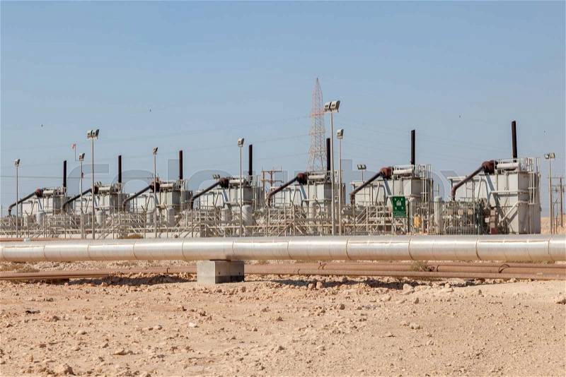 Petrochemical industry facilities in the desert of Bahrain, Middle East, stock photo