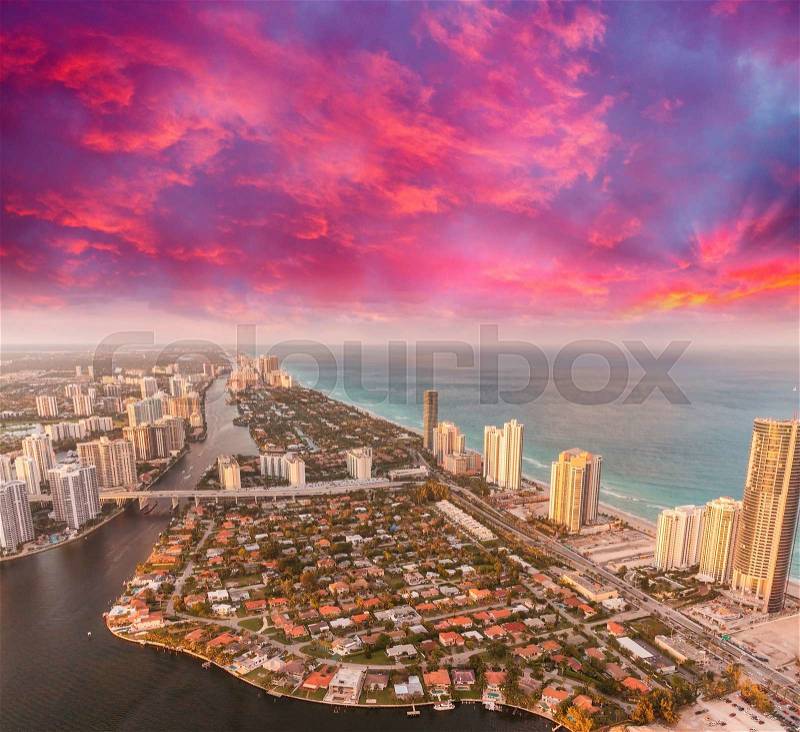Miami Beach, Florida. Amazing sunset view from helicopter, stock photo