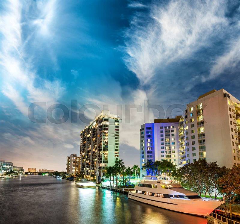 Miami buildings and skyline at dusk, stock photo