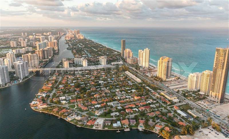 Miami Beach, Florida. Amazing sunset view from helicopter, stock photo