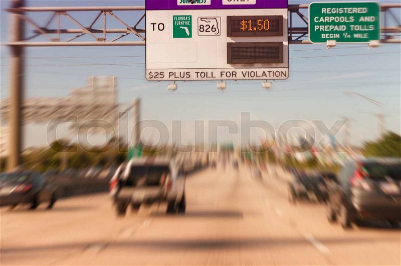 Road signs in Miami from a moving vehicle, stock photo
