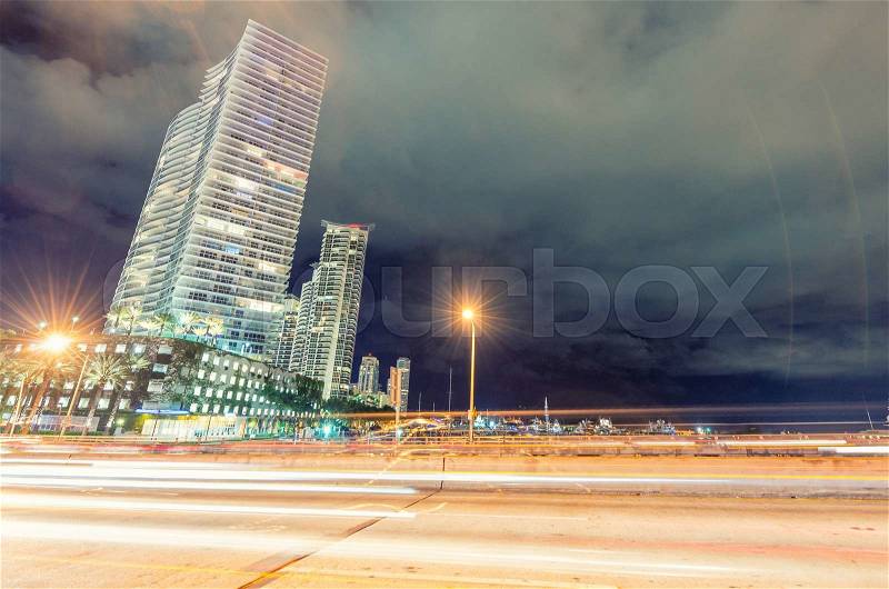 Miami buildings at night. Beautiful city skyline, stock photo