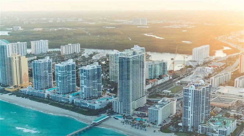 Wonderful skyline of Miami at sunset, aerial view, stock photo
