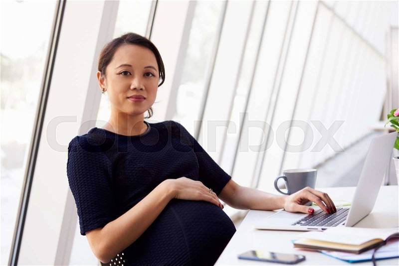 Portrait Of Pregnant Businesswoman Using Laptop In Office, stock photo
