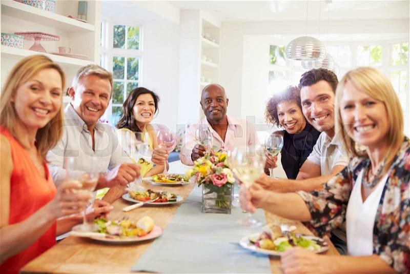 Portrait Of Mature Friends Around Table At Dinner Party, stock photo