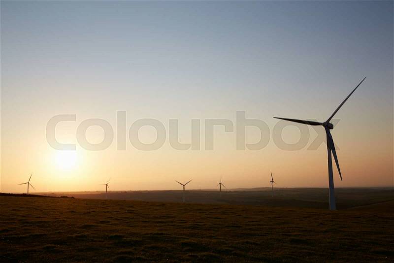Group Of Wind Turbines In Field At Dusk, stock photo