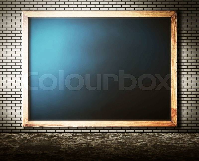 Empty blackboard on brick Wall with grunge cement floor for abstract background, stock photo