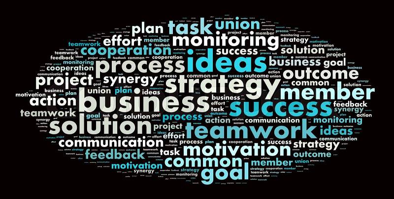Word cloud business theme on dark background, stock photo