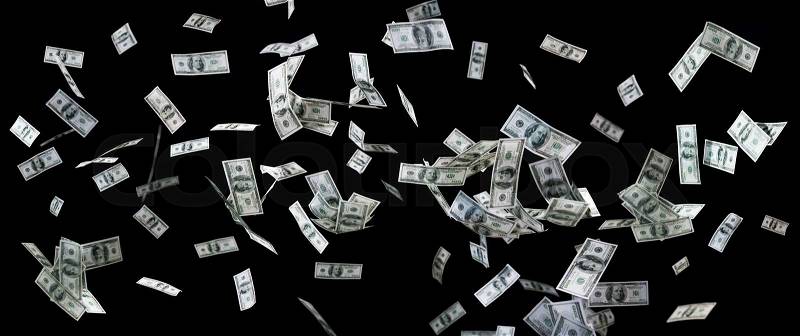 Business, finance, waste and concept - close up of us dollar money flying over black background, stock photo