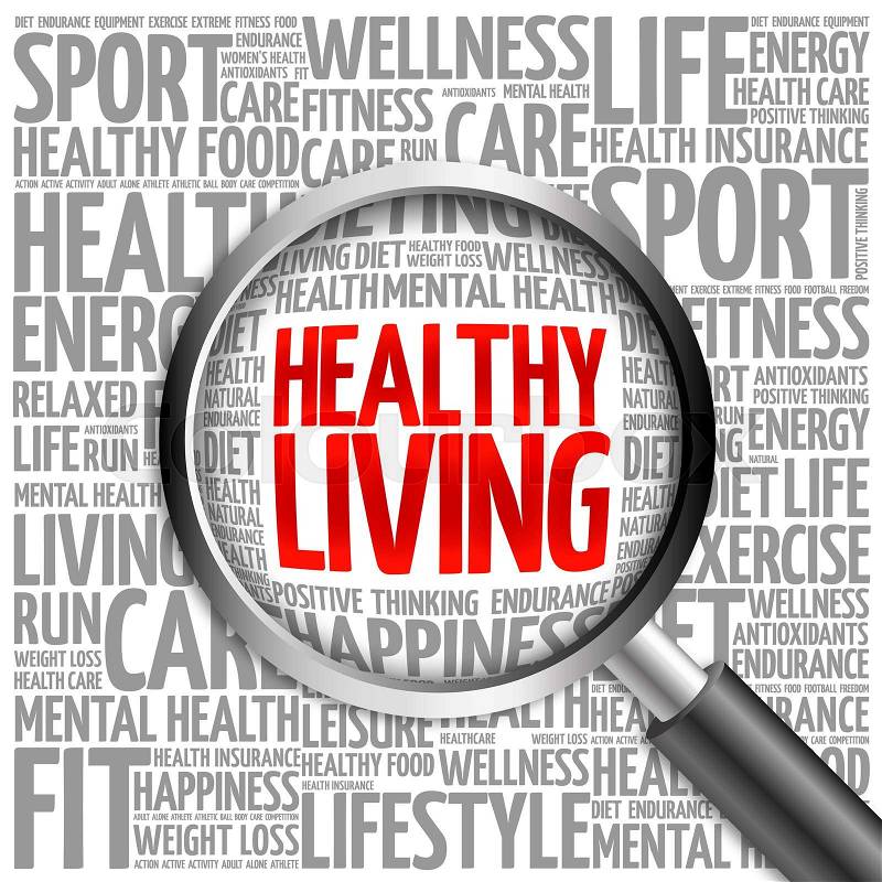 Healthy Living word cloud with magnifying glass, health concept, stock photo