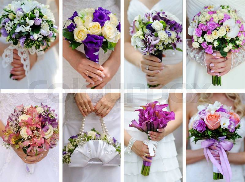 Collage of photos from the wedding bouquets in different colors in the hands of the bride, stock photo