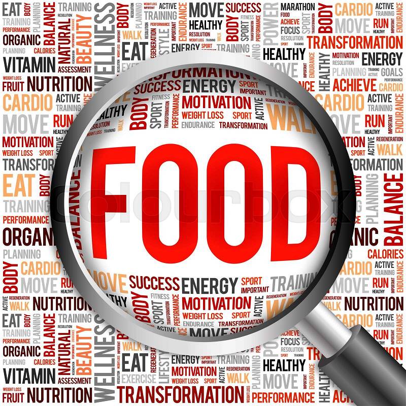 FOOD word cloud with magnifying glass, health concept, stock photo