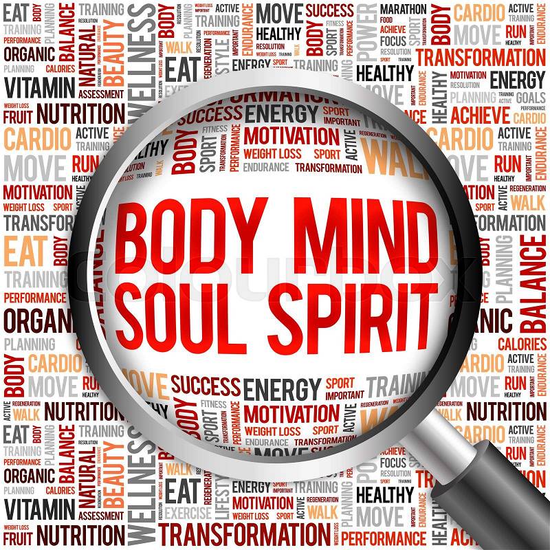 Body Mind Soul Spirit word cloud with magnifying glass, health concept, stock photo