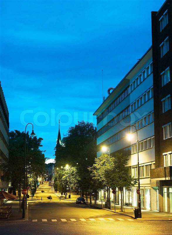Empty Oslo street in the city center at night. Norway, stock photo
