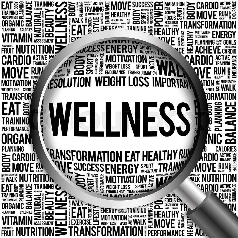 WELLNESS word cloud with magnifying glass, health concept, stock photo