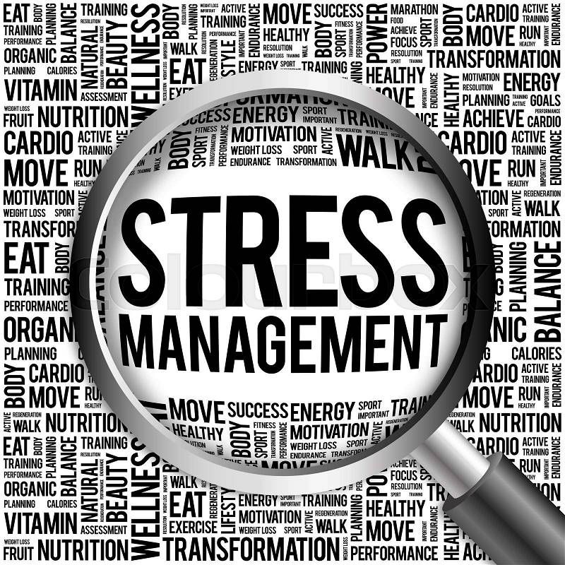 Stress Management word cloud with magnifying glass, health concept, stock photo