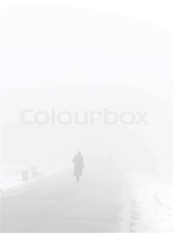 Silhouette of people walking in a foggy winter park, stock photo