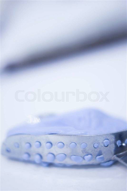 Dental mold dental impression plate in dentist\'s clinic, stock photo