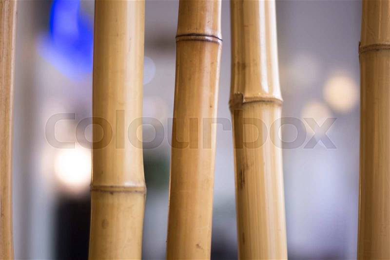 Bamboo poles interior design decoration in Japanese and Chinese Asian restaurant bar, stock photo