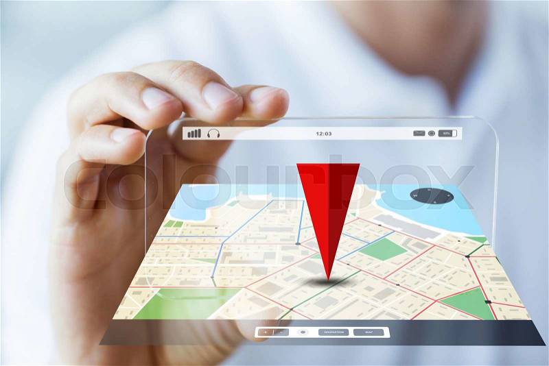 Business, technology, navigation, location and people concept - close up of male hand holding and showing transparent smartphone with gps navigator map, stock photo