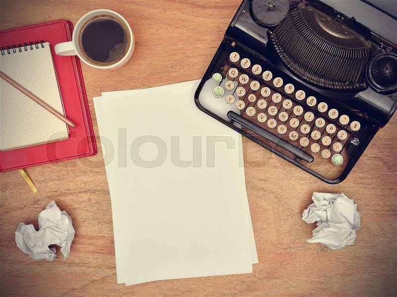 Blank sheet of paper on the desk writer, view from above, stock photo