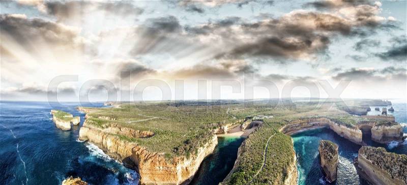Sunset aerial view of Twelve Apostles, Australia, stock photo