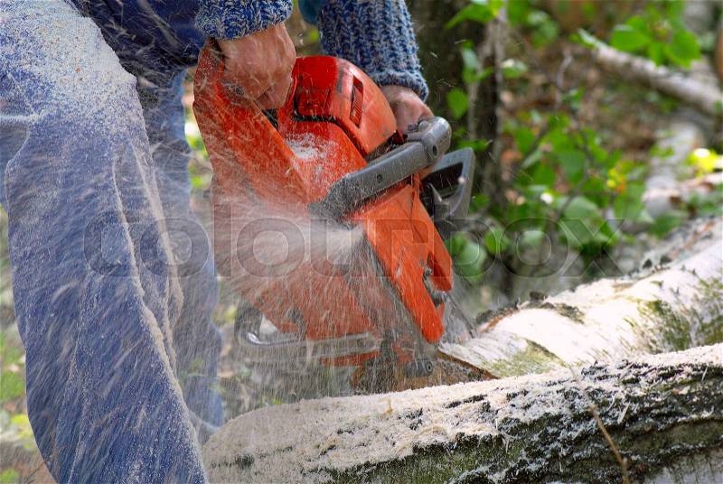 Man cutting big piece of wood with chain saw, stock photo