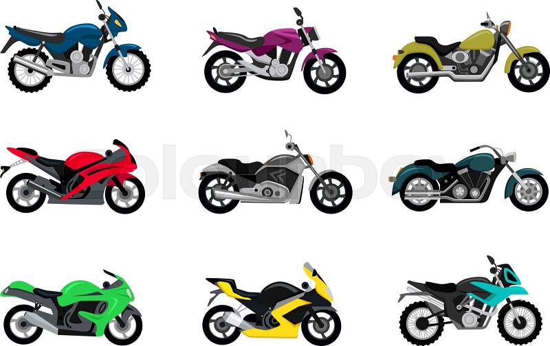 Set of motorcycle design flat style. Motorbike and bike, motorcycle isolated, motorcycle and motor, engine cycle, travel motorcycle, power moto, speed vehicle transport, transportation illustration, vector