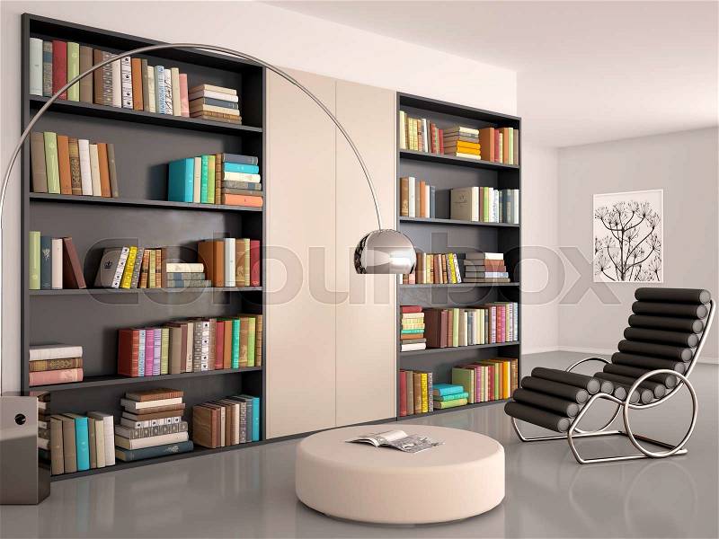 3d illustration of Interior of modern room for reading. The wall of the bookcase and books, stock photo