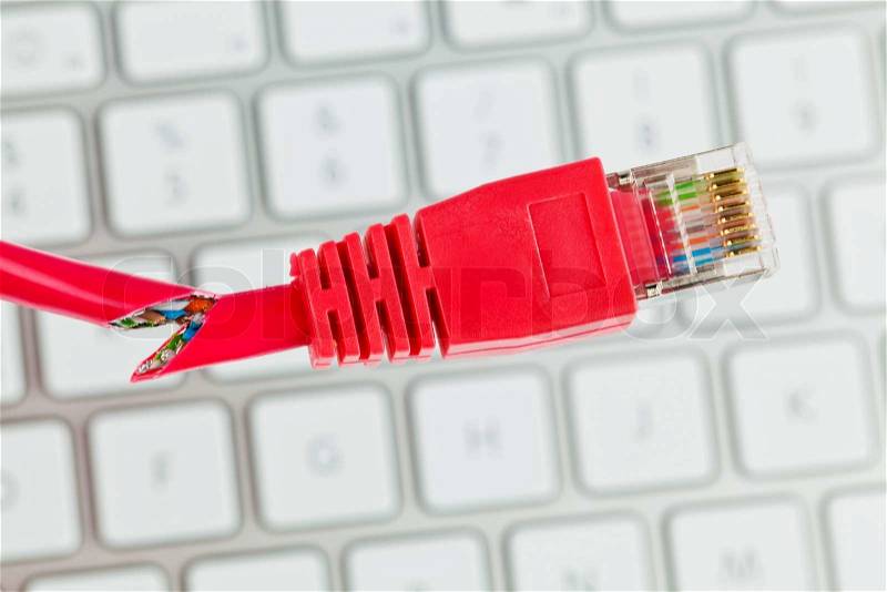 The red, broken cable of a network from a computer, stock photo