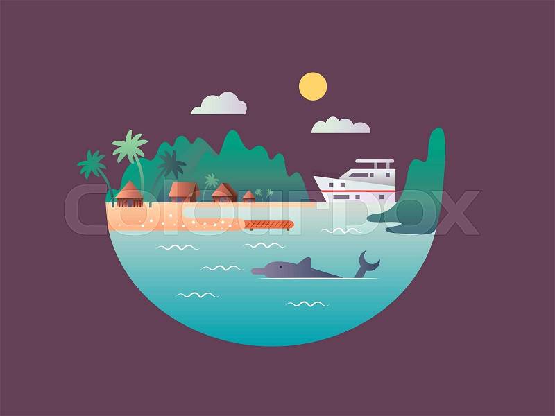Yacht floats near the tropical shores. Sea or ocean water beach, landscape nature, travel relax island, vector illustration , vector