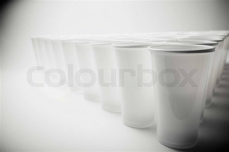 Large group of disposable plastic cups, stock photo