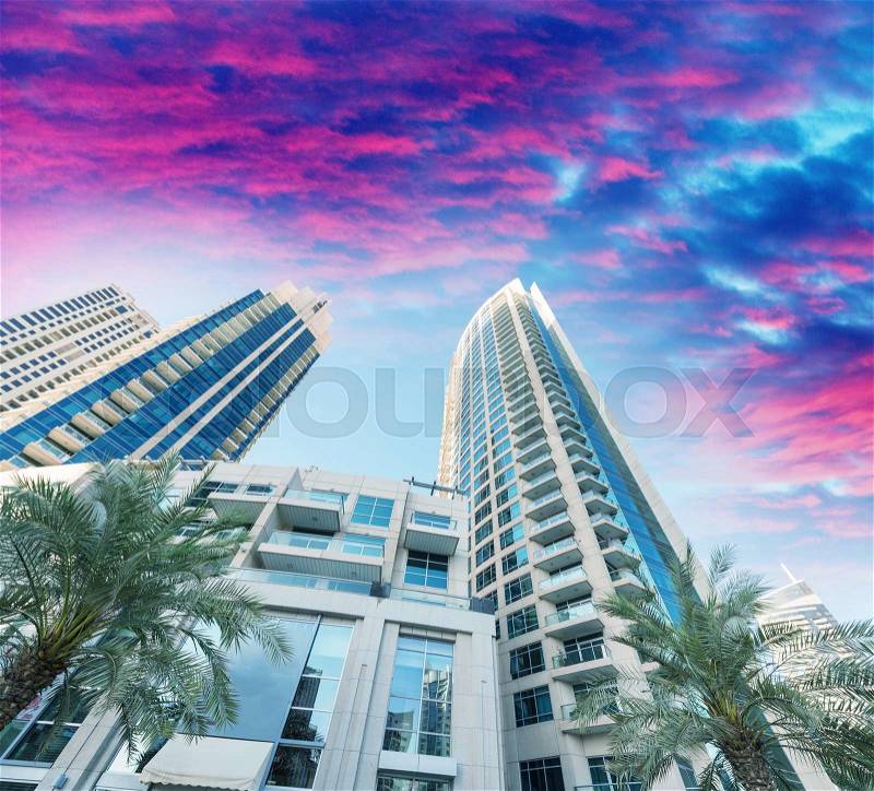 Dubai at dusk, United Emirates. City skyline, stock photo