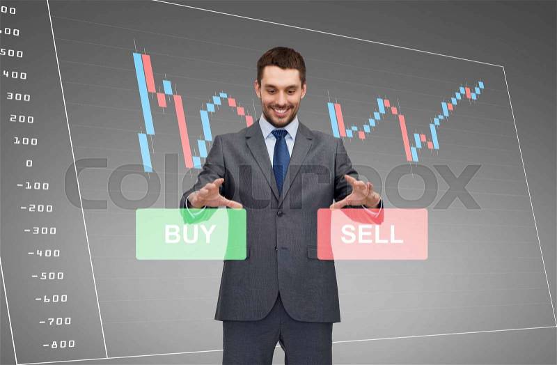 Business, technology, finance and people concept - smiling businessman or stock broker over forex chart projection, stock photo