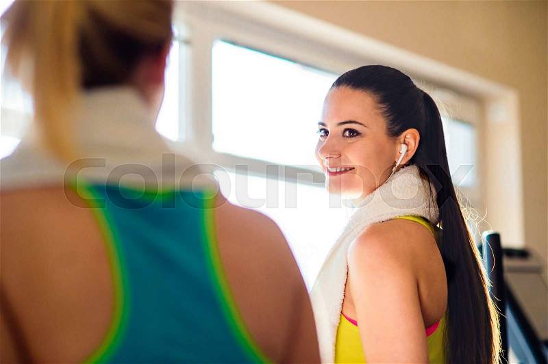 Two attractive fit women in a gym with towels around neck, back view, rear view, sunny day, stock photo