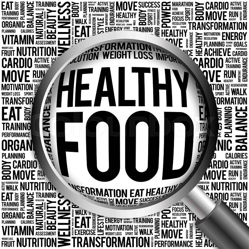 Healthy Food word cloud with magnifying glass, health concept, stock photo