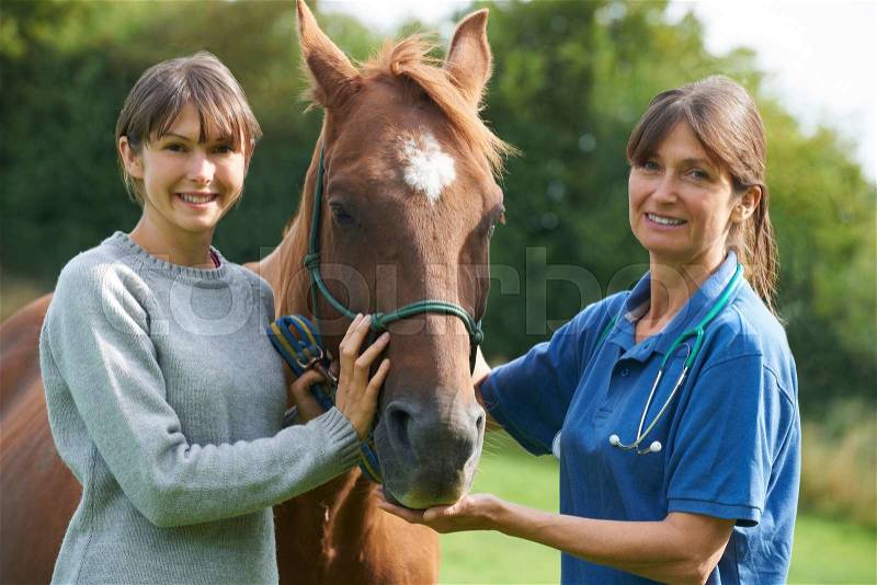 Female Vet Examining Horse In Field With Owner, stock photo
