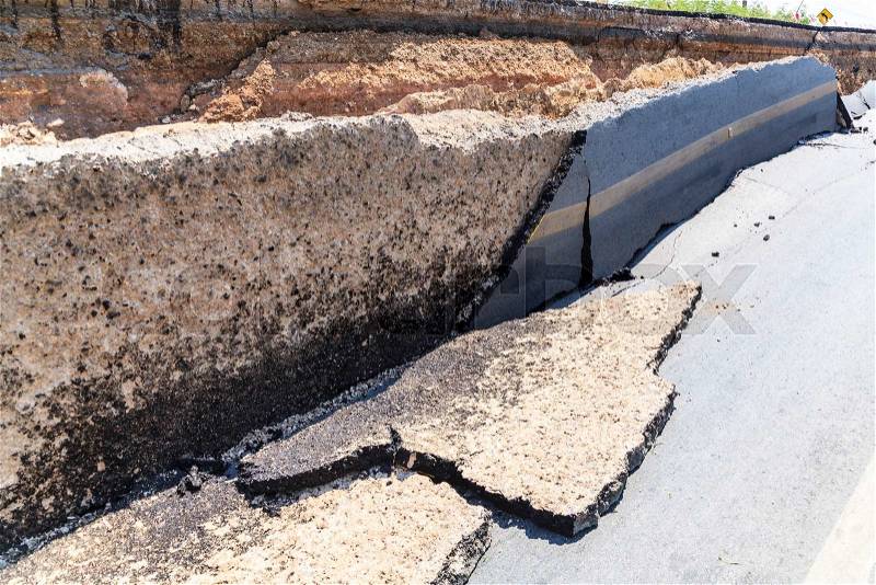 Cracked road after the earthquake, stock photo