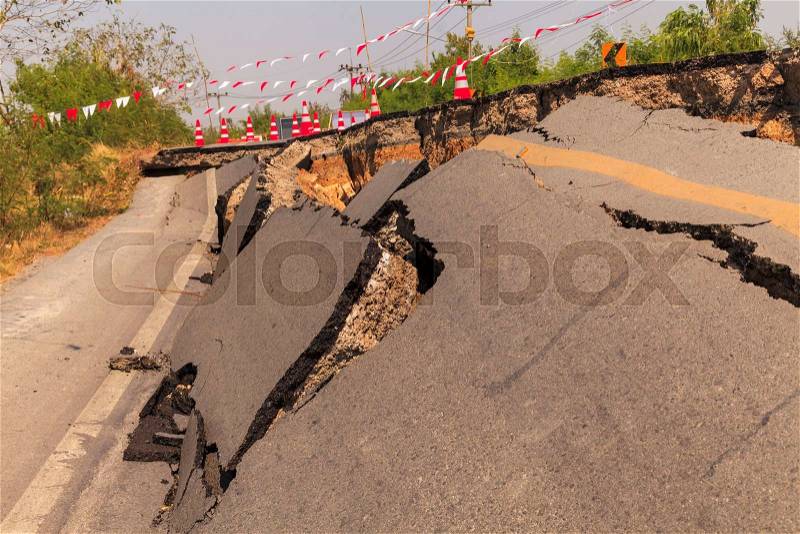 Cracked road after the earthquake, stock photo