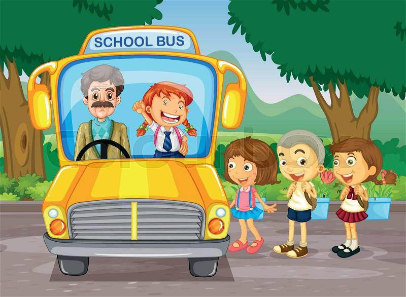 Children getting on school bus illustration, vector