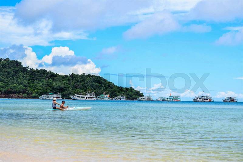 Beautiful tropical beach with sea view, clean water & blue sky at Phu Quoc island in Vietnam, stock photo