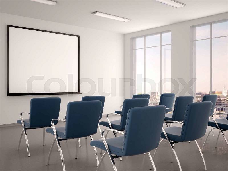 3d illustration of empty conference room with a whiteboard for seminar, stock photo